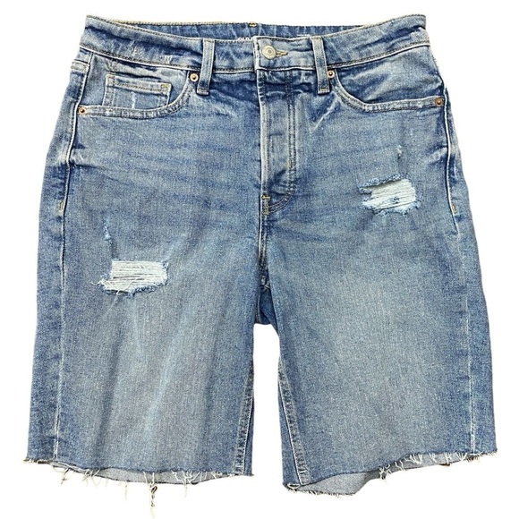 Old Navy High Rise Hidden Button Fly Cut Off Raw Hem Bermuda Jean Shorts Size 8 - Picture 1 of 6